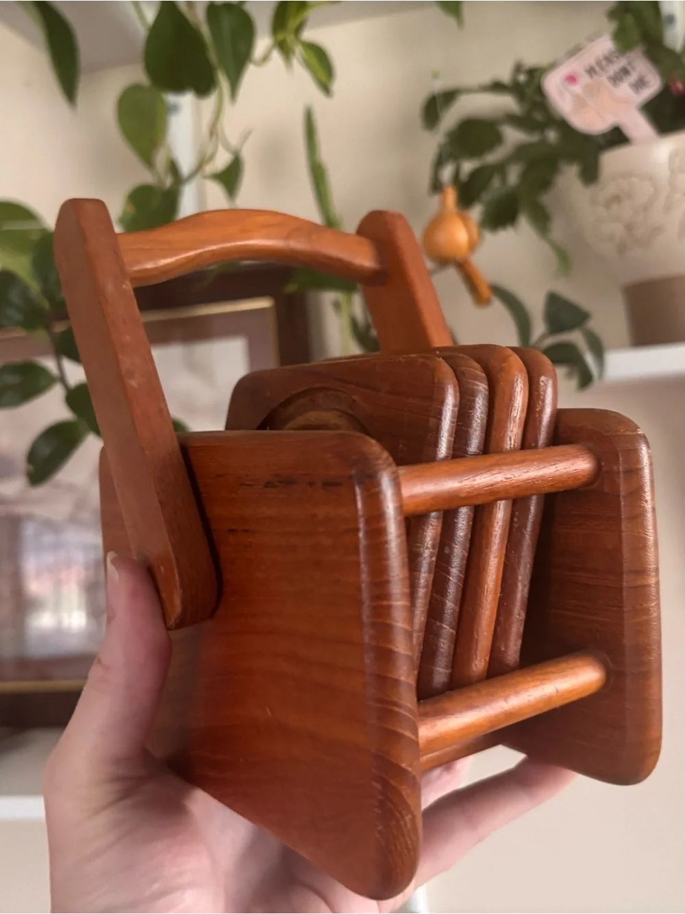 Vintage Wooden Coaster Set with Stand - Brown